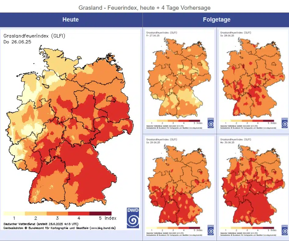 Grasland-Feuerindex, heute und Folgetage